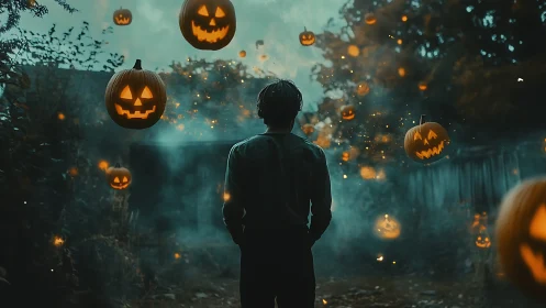Silhouetted figure in yard surrounded by glowing pumpkins.