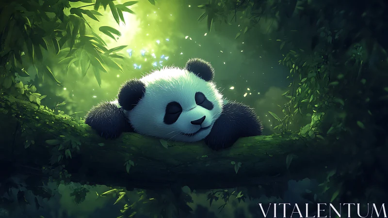 Digital panda resting on mossy tree branch in dense forest.
