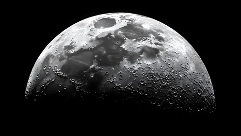 Monochrome lunar hemisphere in high-contrast photorealistic rendering.