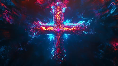 Neon cruciform storm carves glowing fissures through void