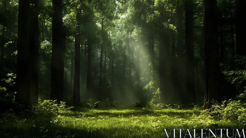 Forest Interior with Crepuscular Light and Grassy Clearing