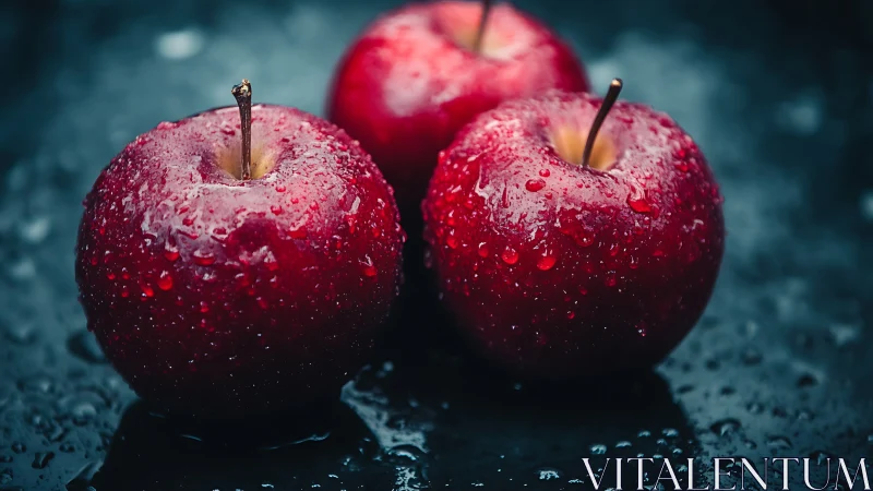 Three wet red apples rest on dark reflective surface