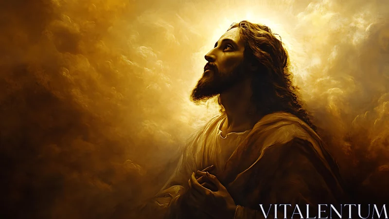 Figure in flowing robe within luminous golden clouds.