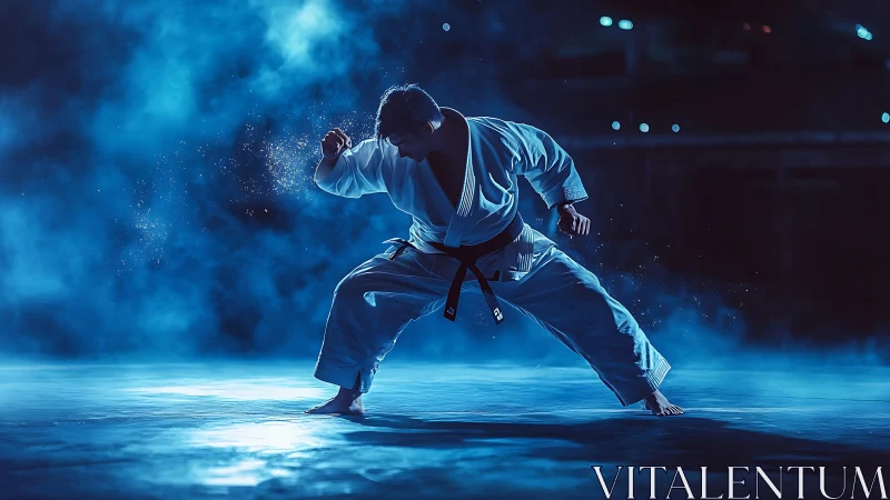 Low-key cinematic portrait of martial artist in deep stance.