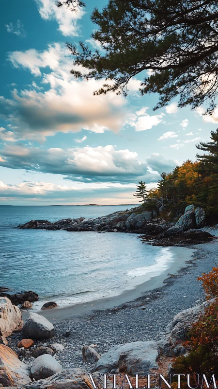 Rocky cove shoreline with calm sea and scattered clouds.