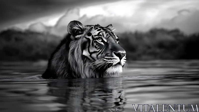 Majestic tiger emerges in still water under brooding skies.