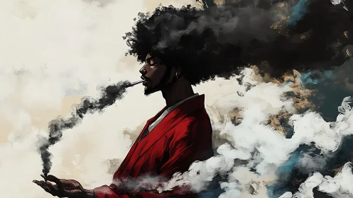 Smokelike afro crowns solitary smoker in crimson robe.