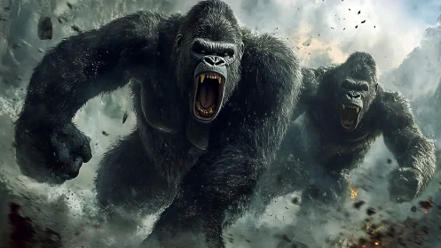 Colossal gorillas charge through shattered rocky battlefield.