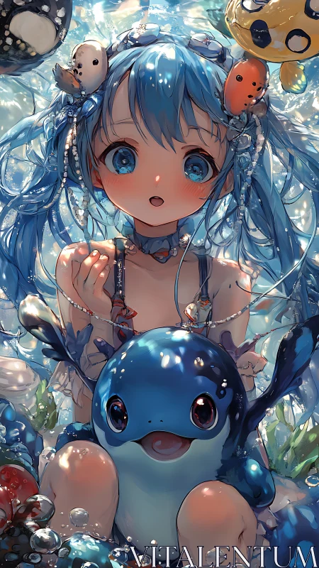 Aquatic anime girl with luminous blue hair and marine mascot