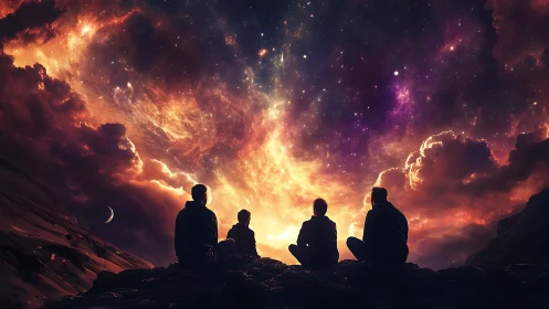 Four seated silhouettes under luminous nebula sky at dusk.