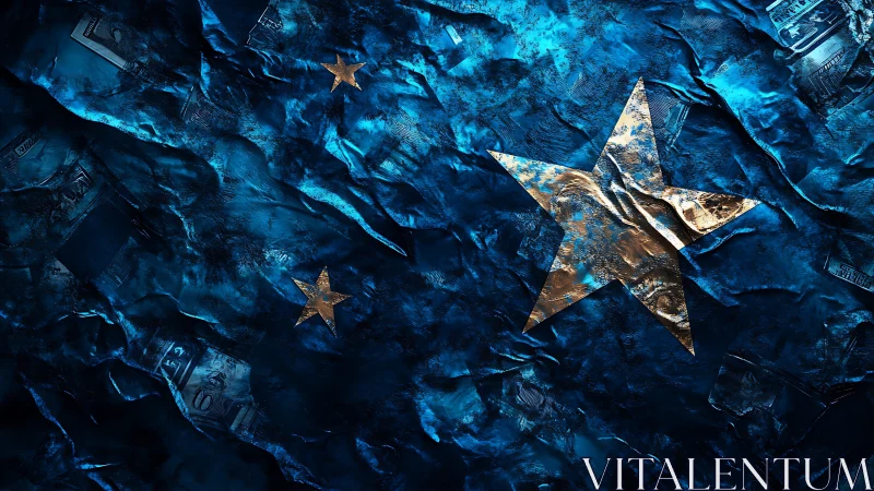 Shimmering golden stars drifting across crumpled blue night.