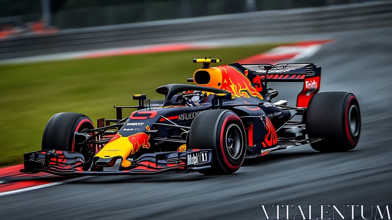 Scarlet circuit predator carving speed through wet tarmac.