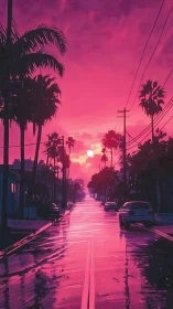 Radiant sunset street glows in dreamy neon pink light