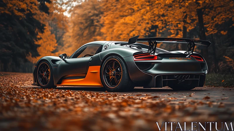 Hybrid supercar waits on forest road beneath vivid autumn canopy