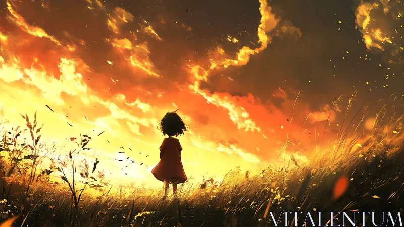 Child in red dress watching blazing sunset sky alone.
