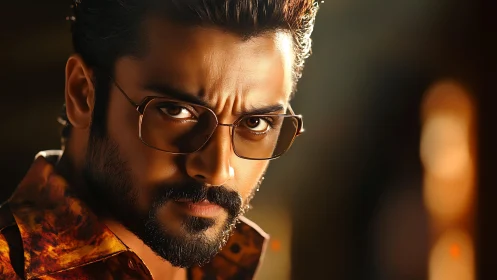 Serious man in glasses with intense cinematic lighting.