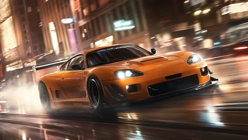 Orange tuned sports car on wet city street at night.