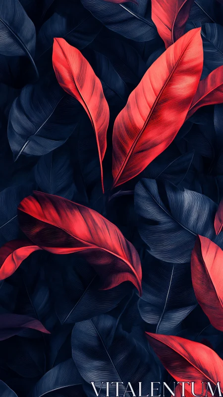 Scarlet tropical leaves glow boldly against deep navy shadows