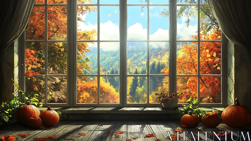 Interior window view of autumn forest and pumpkins arrangement.