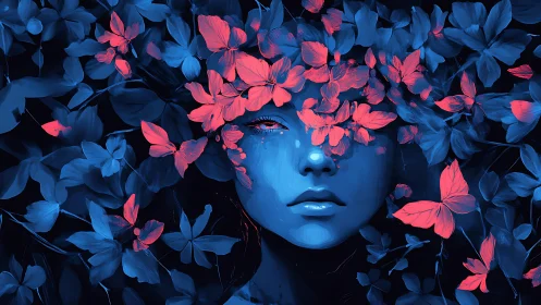 Surreal blue portrait merges with glowing coral blossoms