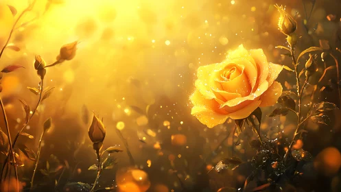 Golden rose blooms under radiant backlit sunrise glow.