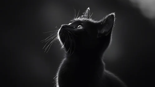 High-Contrast Feline Portrait with Rim Lighting and Upward Gaze.