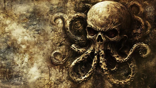 Ancient skeletal octopus skull emerges from dark swirling depths