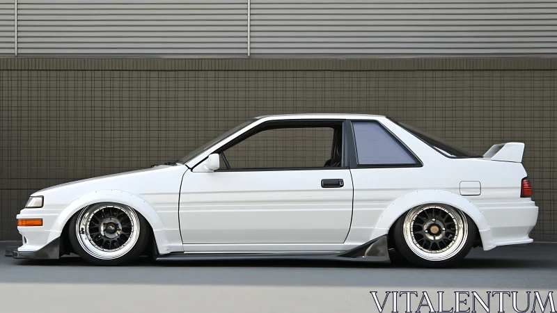 Stanced white 1980s coupe with widebody aero and deep dish wheels.
