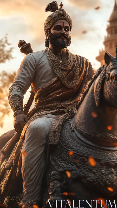 Rendered equestrian warrior statue in warm volumetric sunset lighting