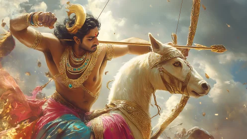 Armored archer on white horse prepares to release arrow