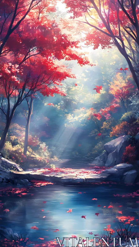 Crimson Forest Stream in Autumn Light.