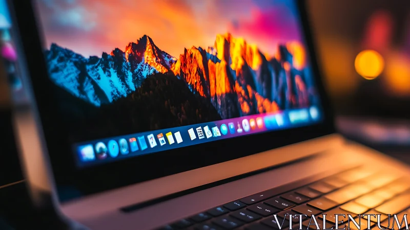 Retina laptop display with vivid mountain wallpaper at dusk
