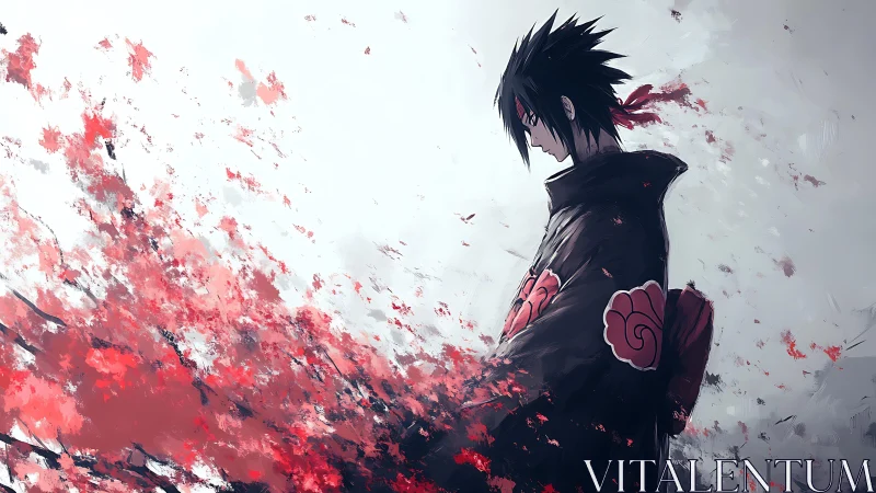 Silent rogue in crimson petals and storm-torn shadows.