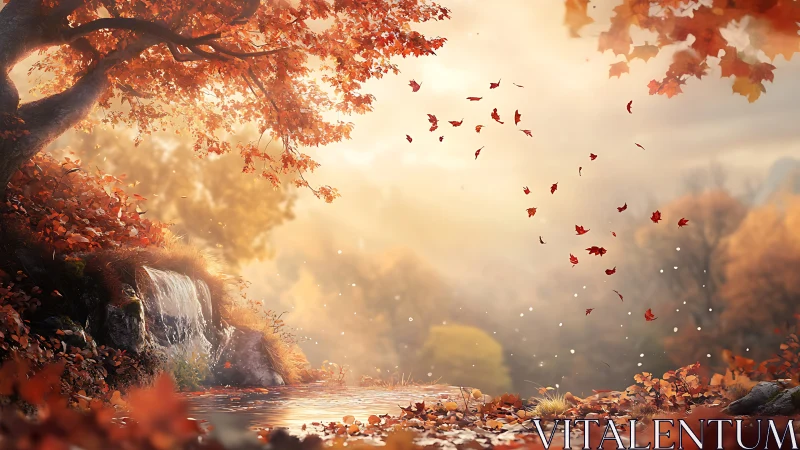 Autumn waterfall glows softly in golden forest light