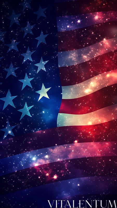 United States flag overlay with cosmic starfield pattern.