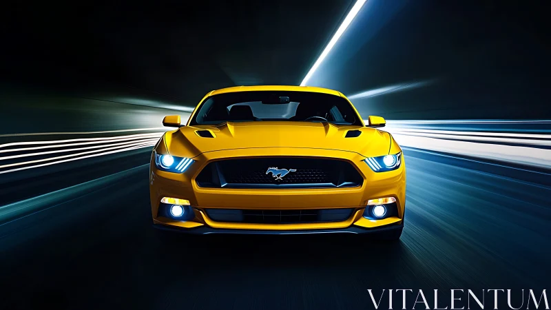 Yellow sports coupe charging through neon tunnel at speed.