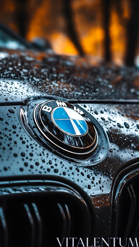 BMW hood emblem glistens under cool rain droplets.