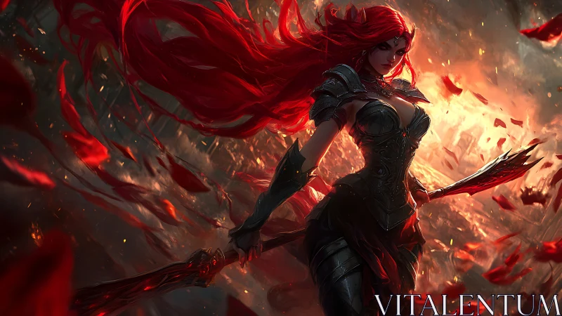 Flame-haired warrior commands swirling embers in battle storm.