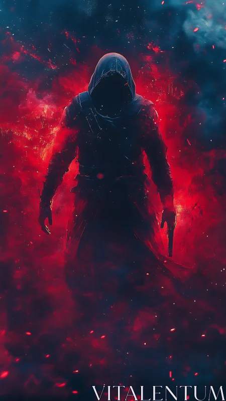 Hooded specter strides from crimson smoke and shadowed flame.