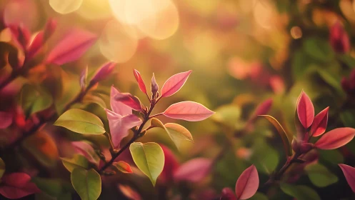 Sunlit blush leaves sipping the last golden hush of day.