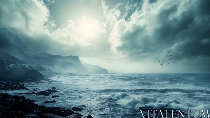 Spectral coastal seascape with volumetric storm lighting study.