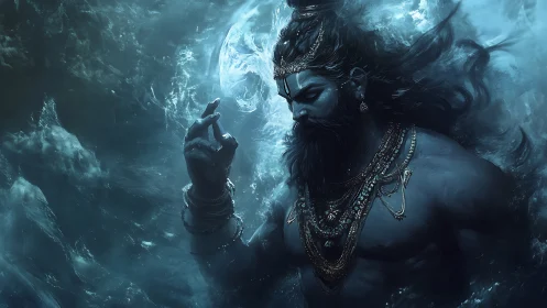 Mythic blue-skinned male figure stands amid turbulent water