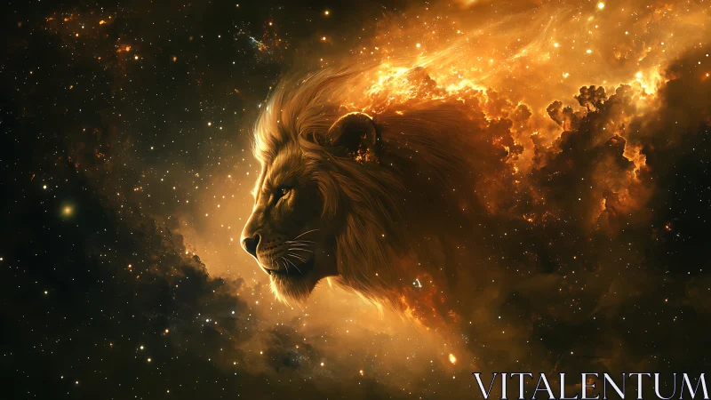 Cosmic lion profile emerging from glowing nebula field.