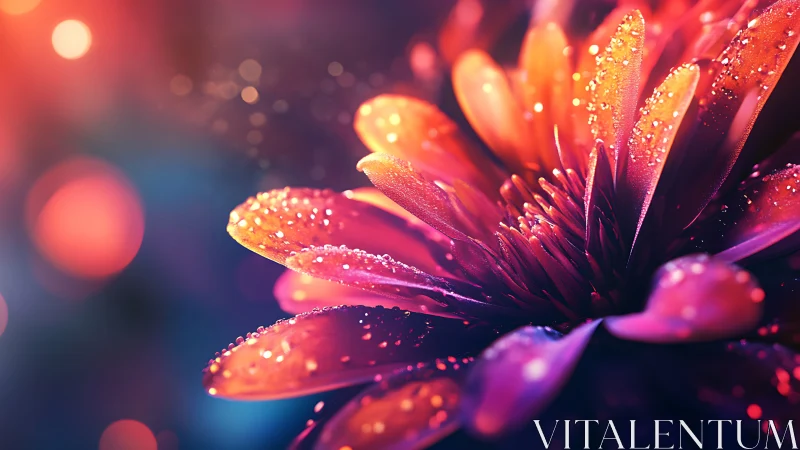 Dewdrop-Covered Flower Petals Glowing in Warm Light