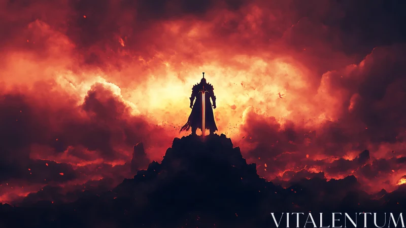 Lone armored warrior crowned by blazing apocalyptic sky.