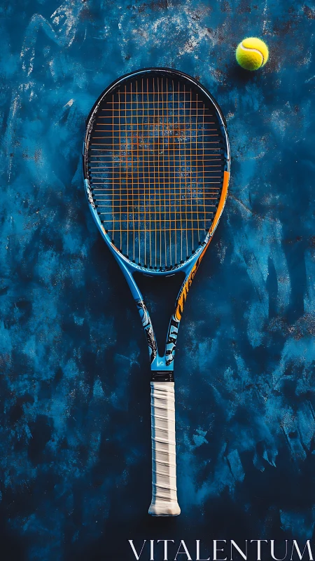 Tennis racket and ball rest against bold textured blue court