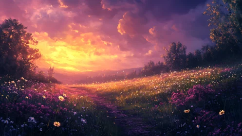 Sunset light spreads across wildflower meadow and dirt path
