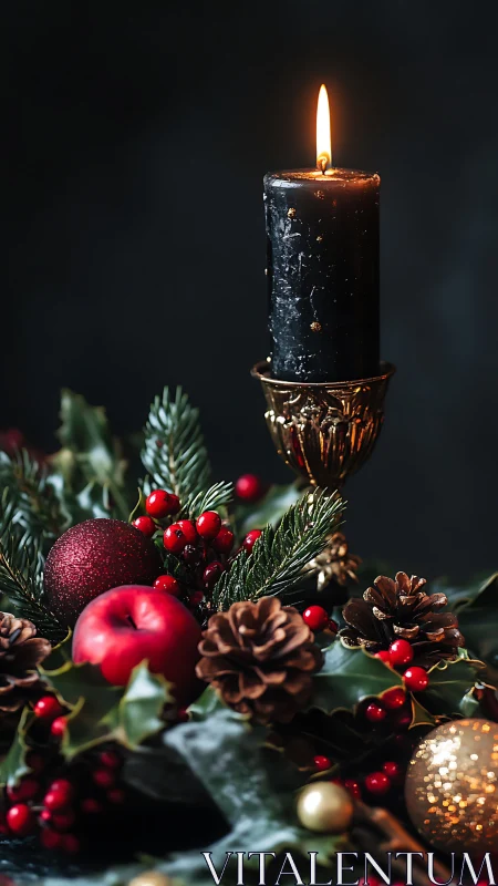 Photorealistic black candle with festive botanical centerpiece.