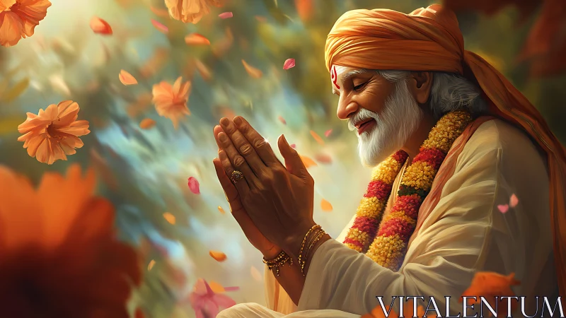 Elderly man in traditional attire with flowers and soft light.