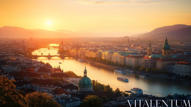 Riverside European cityscape with bridges at sunset.